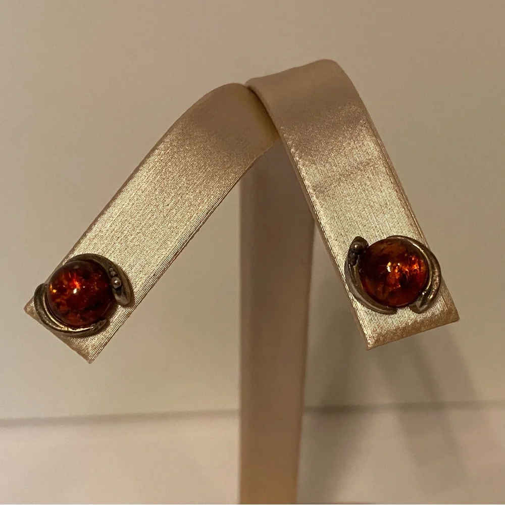 EARRINGS AMBER STERLING SILVER 925 POST STUD PIERCED ROUND 2.5 g
